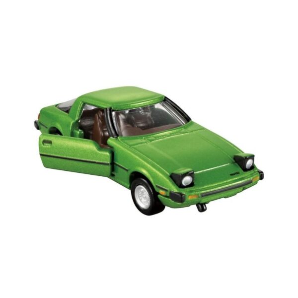 Takara Tomy Tomica Savanna RX-7 (SA22C) die-cast model car in red, showcasing detailed design and realistic features