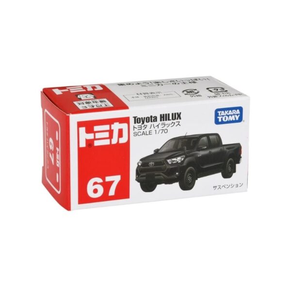 A Takara Tomy Tomica model of a Toyota Hilux, showcasing detailed design and vibrant colors in a toy format