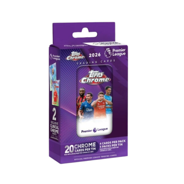 Topps Premier League Chrome 2026 collectible tin featuring vibrant team graphics and player images