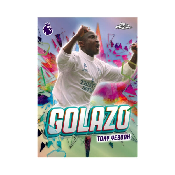 Topps Premier League Chrome 2026 Value Box featuring collectible trading cards and vibrant team graphics