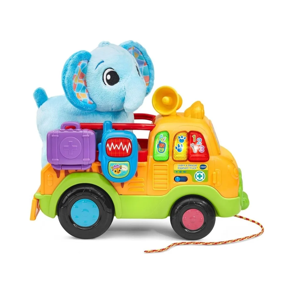 Vtech Learn & Rescue Elephant Truck, a vibrant toy truck with an elephant theme, designed for educational and fun activities