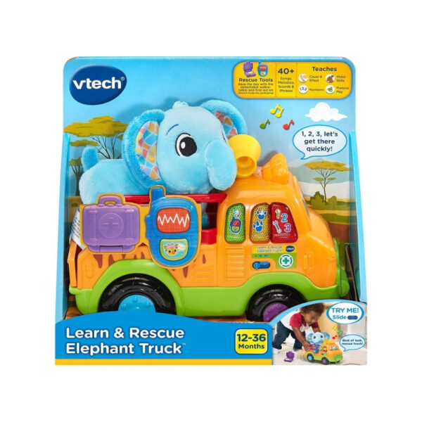Vtech Learn & Rescue Elephant Truck, a vibrant toy truck with an elephant theme, designed for educational and fun activities
