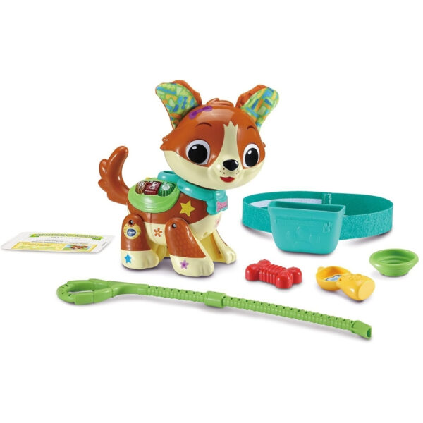 Interactive Vtech Let’s Go, My Friend Pup toy, designed as a friendly dog with buttons for educational activities and sounds