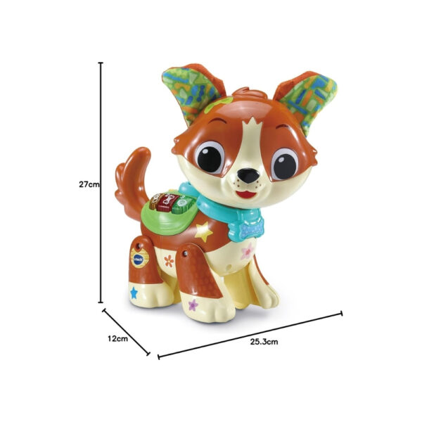 Interactive Vtech Let’s Go, My Friend Pup toy, designed as a friendly dog with buttons for educational activities and sounds