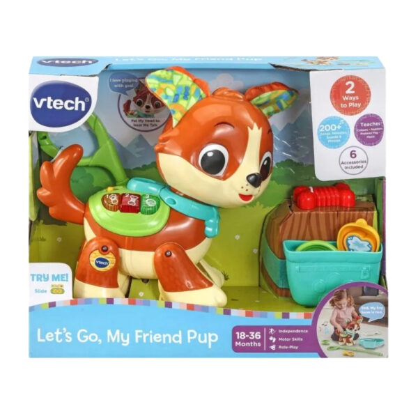 Interactive Vtech Let’s Go, My Friend Pup toy, designed as a friendly dog with buttons for educational activities and sounds