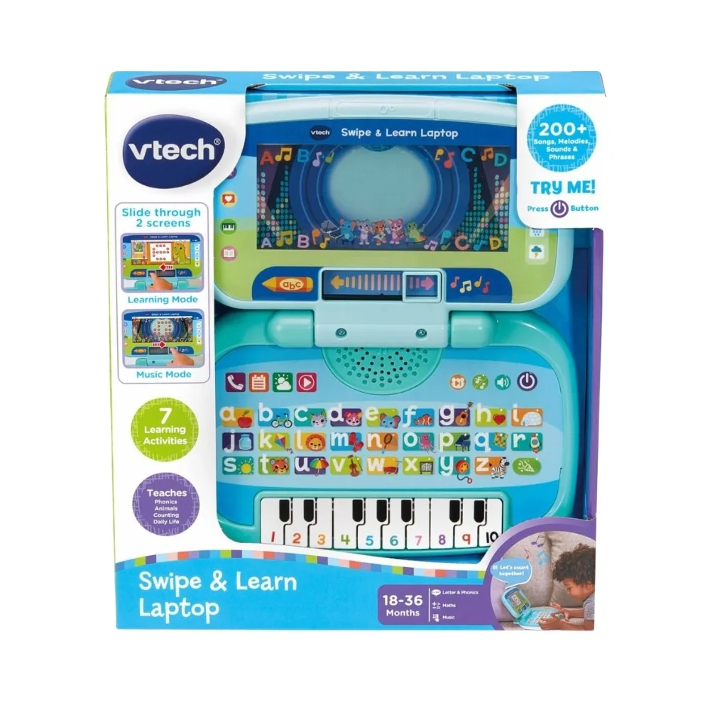 Vtech Swipe & Learn Laptop featuring colorful buttons and a touchscreen for interactive learning and play for young children
