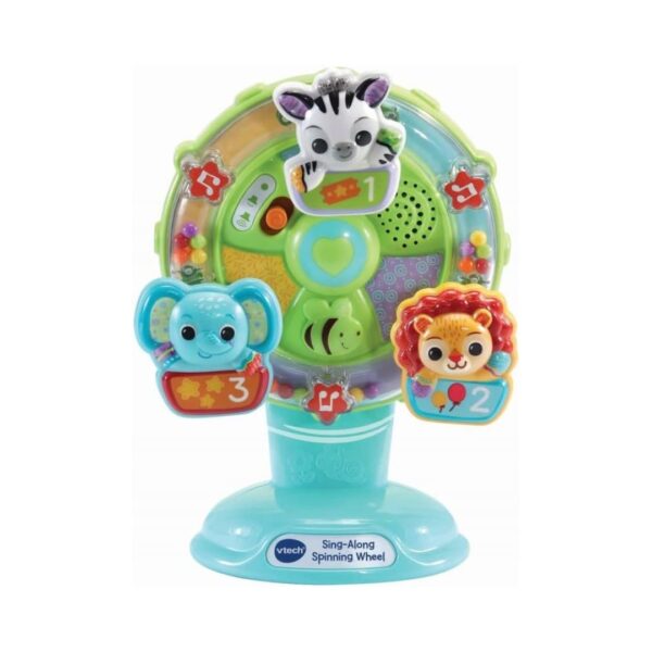 Colorful VTech baby spinning wheel toy with musical buttons and animal images, designed for interactive play and learning