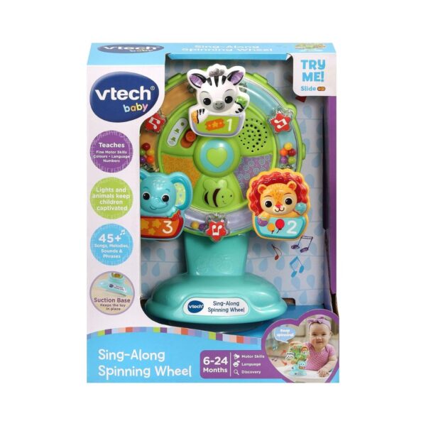 Colorful VTech baby spinning wheel toy with musical buttons and animal images, designed for interactive play and learning