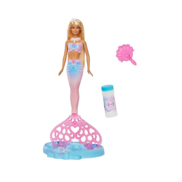 Barbie Bubble Sparkle Mermaid Doll featuring a bubble-making function and included bubble solution for imaginative play.