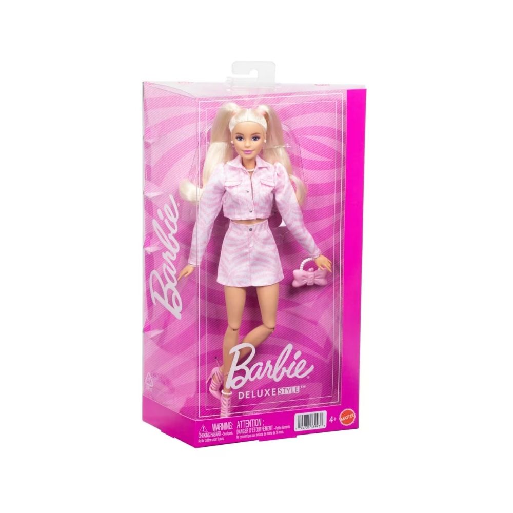 Barbie Deluxe Style Doll Denim Outfit Matching Jacket and Skirt – JJN69-4 Barbie Deluxe Style Doll dressed in a denim outfit featuring a matching jacket and skirt