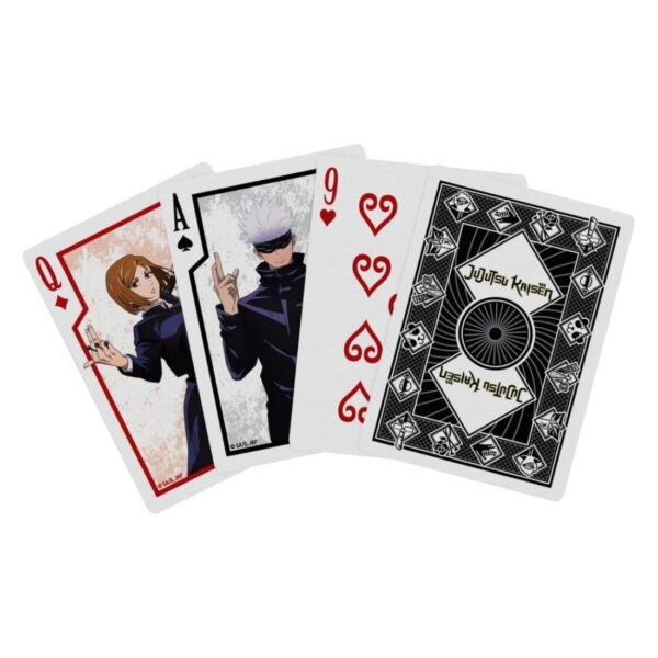 A deck of Jujutsu Kaisen playing cards featuring characters and artwork from the popular anime series