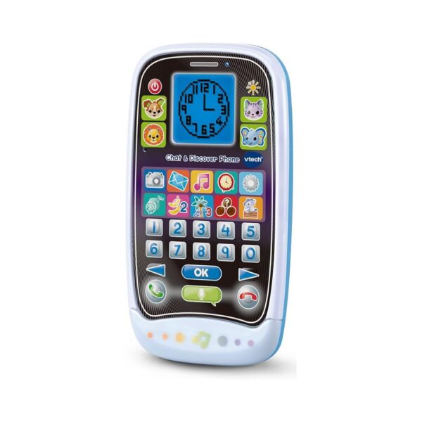 Vtech Chat And Discover Phone, a colorful toy phone with buttons and a screen for interactive learning and play.