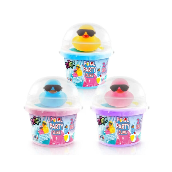 Colorful pool party-themed slime bucket with surprises, perfect for imaginative play and sensory fun for kids