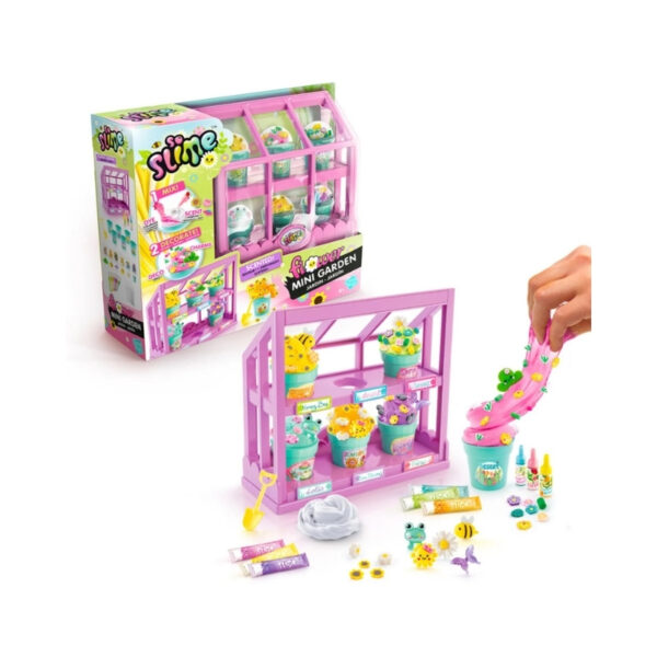 Colorful mini garden kit featuring flower-shaped slime creations and accessories for imaginative play