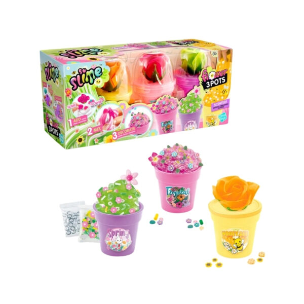 Colorful flower pot filled with vibrant, squishy slime in various shades, showcasing a fun and creative sensory experience