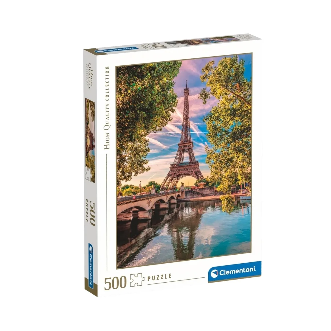 500-piece Clementoni puzzle featuring a scenic view along the Seine River, showcasing vibrant colors and charming architecture