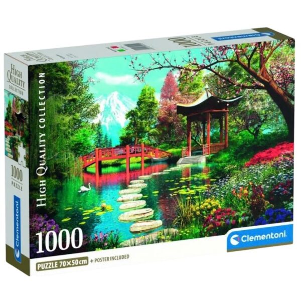 Clementoni HQC Fuji Garden puzzle featuring a scenic landscape, includes 1000 pieces and a matching poster