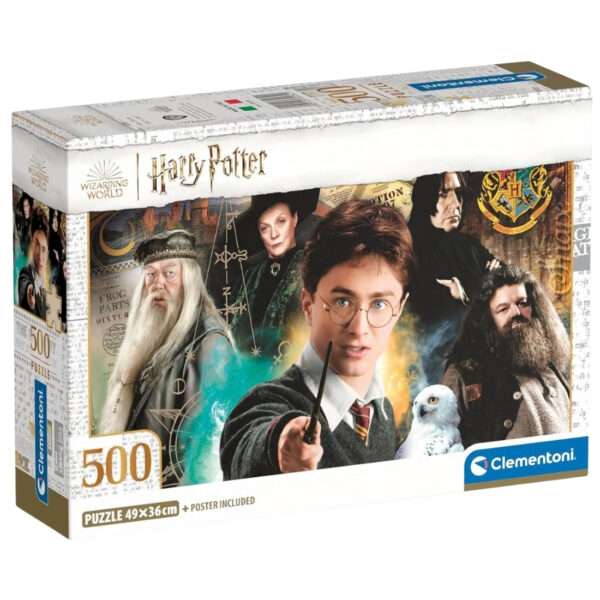 Clementoni Harry Potter 500-piece puzzle with vibrant imagery of beloved characters, includes a decorative poster