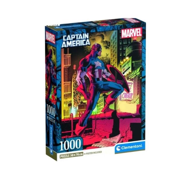 Clementoni 1000-piece jigsaw puzzle of Captain America, highlighting detailed artwork of the Marvel superhero in action