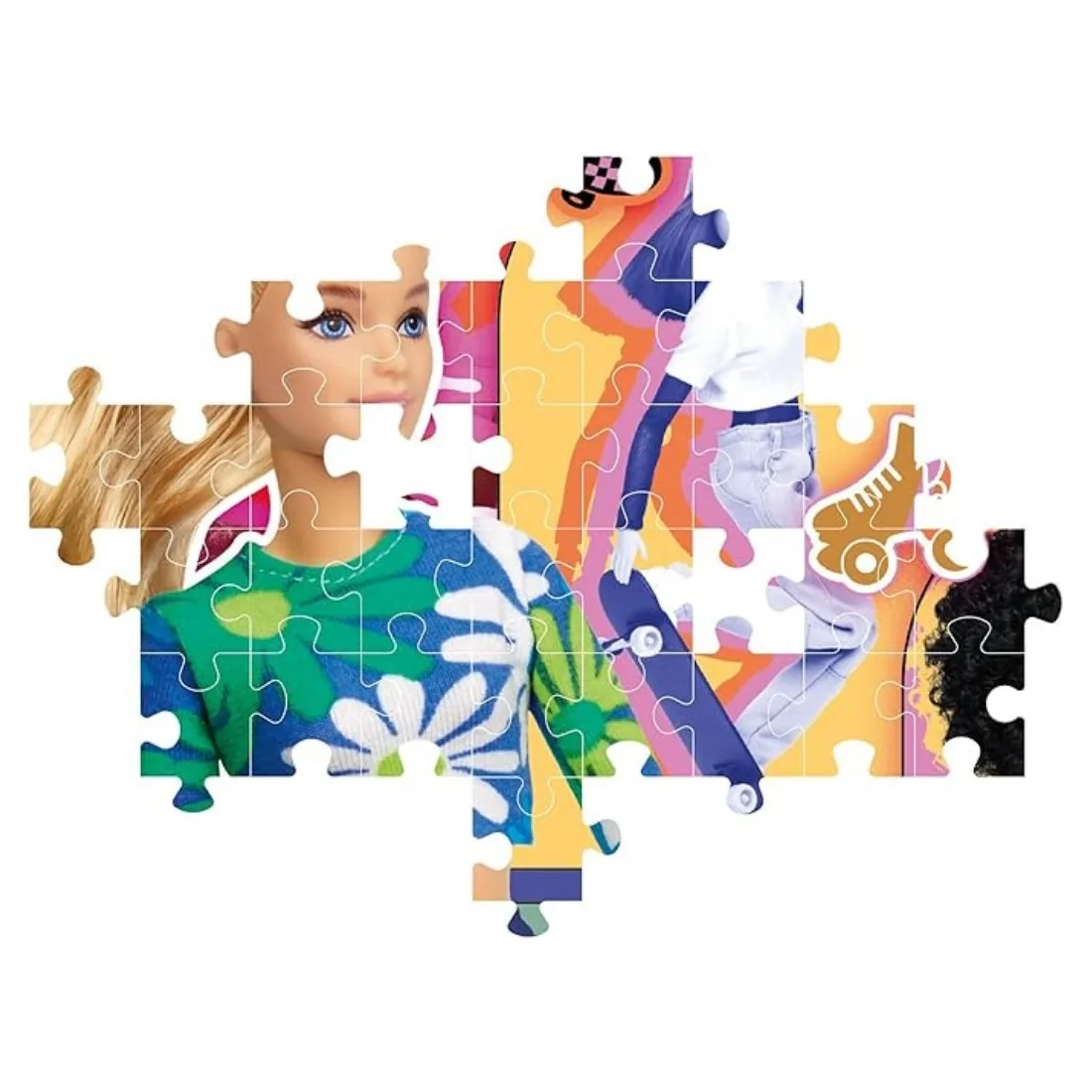 A colorful 104-piece Clementoni puzzle featuring Barbie in sporty attire, showcasing her active lifestyle and vibrant personality