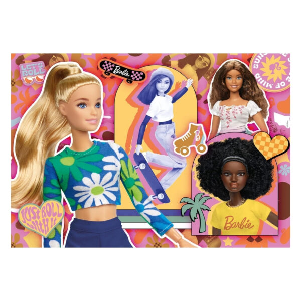 A colorful 104-piece Clementoni puzzle featuring Barbie in sporty attire, showcasing her active lifestyle and vibrant personality