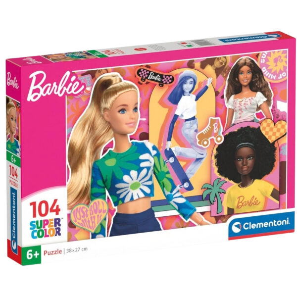 A colorful 104-piece Clementoni puzzle featuring Barbie in sporty attire, showcasing her active lifestyle and vibrant personality