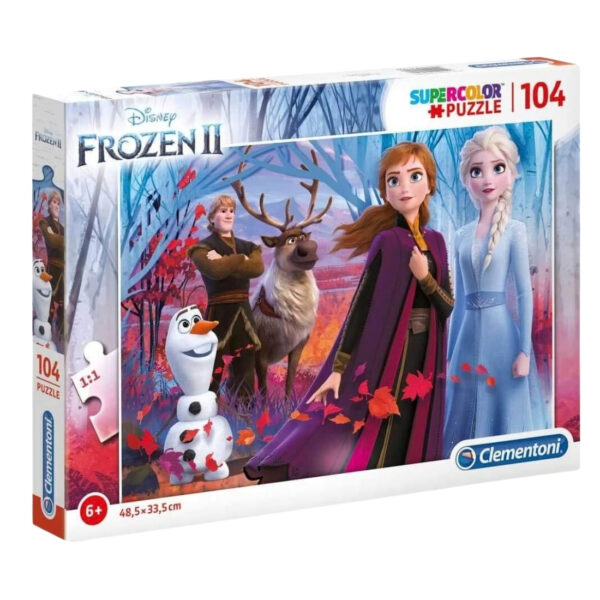 Clementoni Disney Frozen 2 puzzle featuring 104 colorful pieces, showcasing beloved characters from the animated film