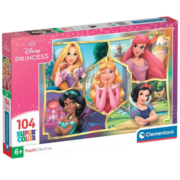 Disney Princess 2 Charmed puzzle by Clementoni featuring 104 colorful pieces showcasing beloved princess characters