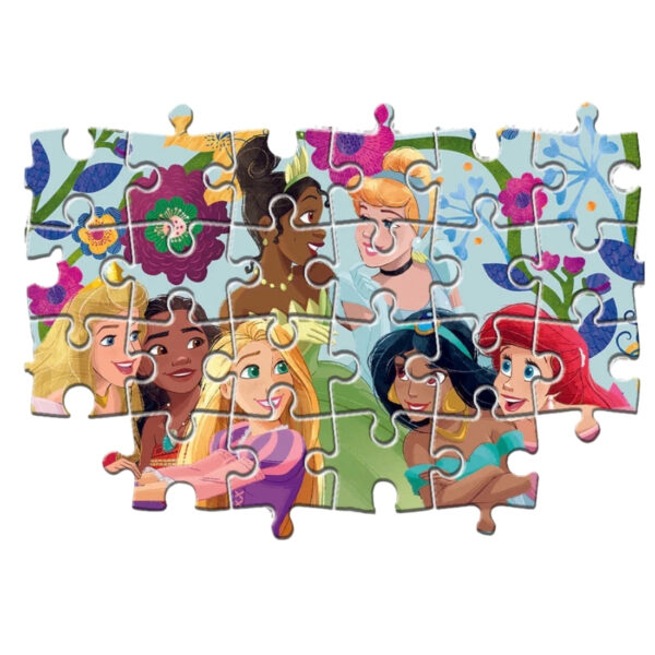 Disney Princess puzzle featuring two scenes, each with 60 pieces, showcasing princesses in a cheerful conversation