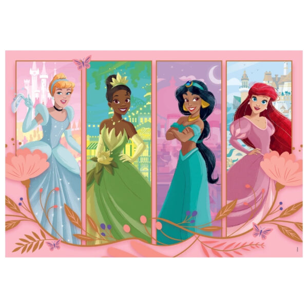 Disney Princess puzzle featuring two scenes, each with 60 pieces, showcasing princesses in a cheerful conversation