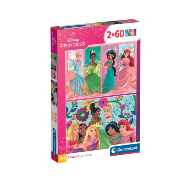 Disney Princess puzzle featuring two scenes, each with 60 pieces, showcasing princesses in a cheerful conversation