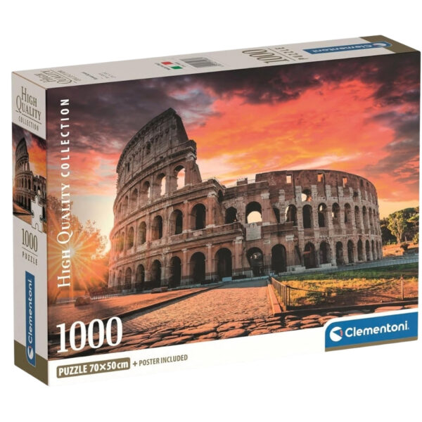 A 1000-piece Clementoni puzzle depicting a stunning Roman sunset with colorful skies and historical landmarks