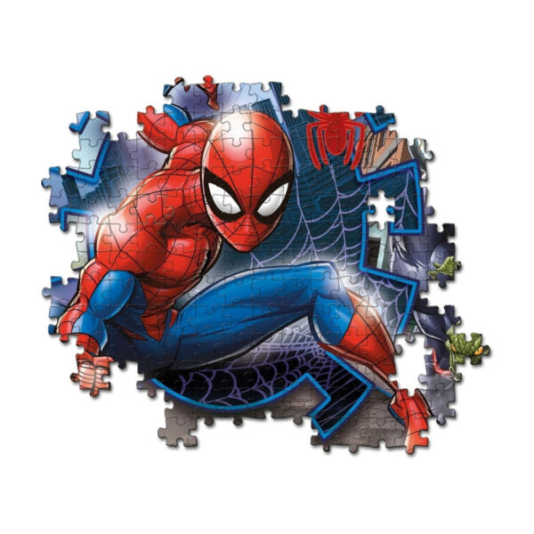 Spiderman puzzle featuring 104 colorful pieces, showcasing the superhero in action against a vibrant city backdrop
