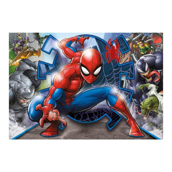 Spiderman puzzle featuring 104 colorful pieces, showcasing the superhero in action against a vibrant city backdrop