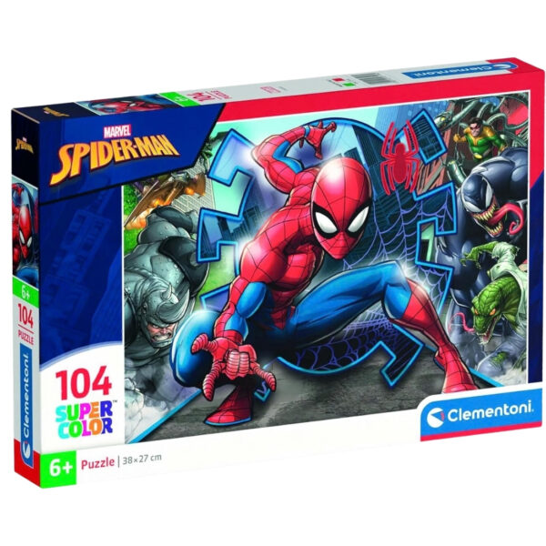Spiderman puzzle featuring 104 colorful pieces, showcasing the superhero in action against a vibrant city backdrop