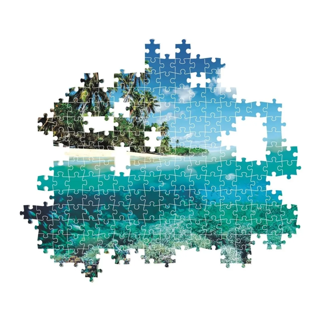 A 1000-piece Clementoni puzzle depicting a colorful summer paradise with sandy beaches, lush palm trees, and bright skies