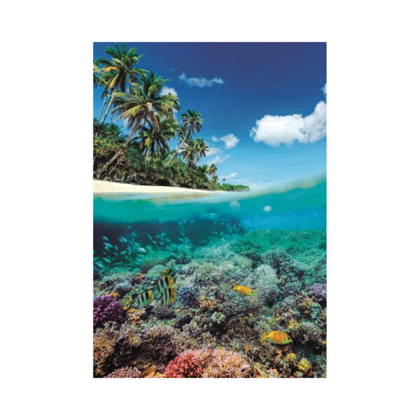 A 1000-piece Clementoni puzzle depicting a colorful summer paradise with sandy beaches, lush palm trees, and bright skies