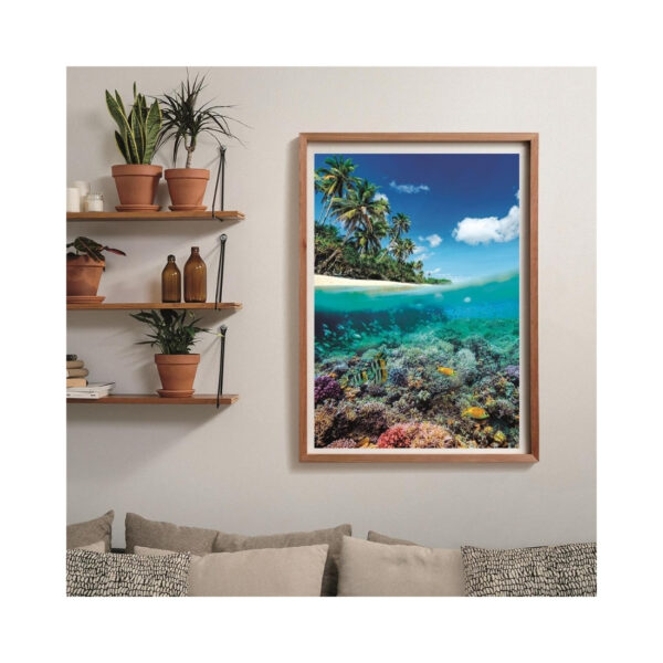 A 1000-piece Clementoni puzzle depicting a colorful summer paradise with sandy beaches, lush palm trees, and bright skies