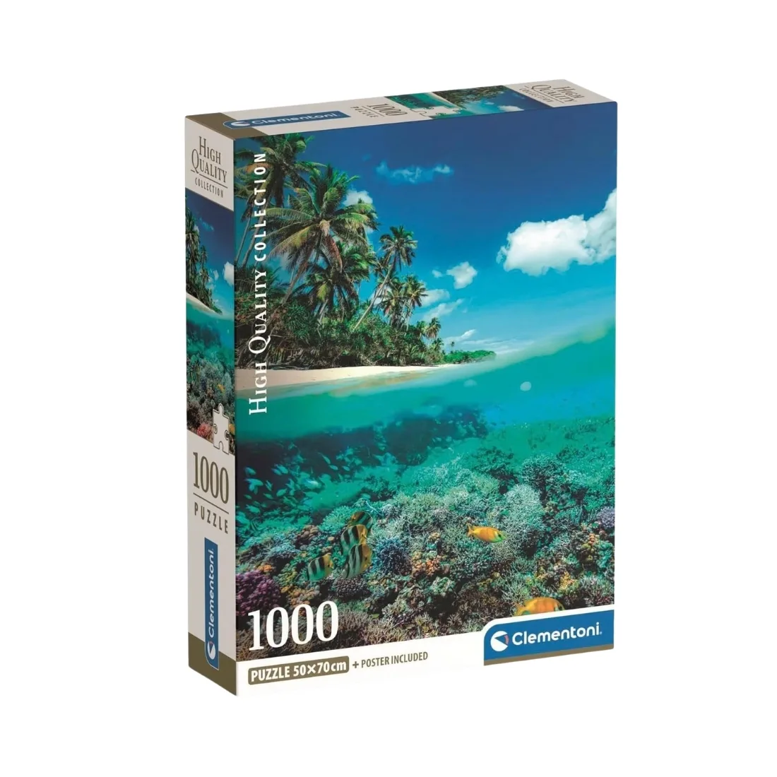 A 1000-piece Clementoni puzzle depicting a colorful summer paradise with sandy beaches, lush palm trees, and bright skies