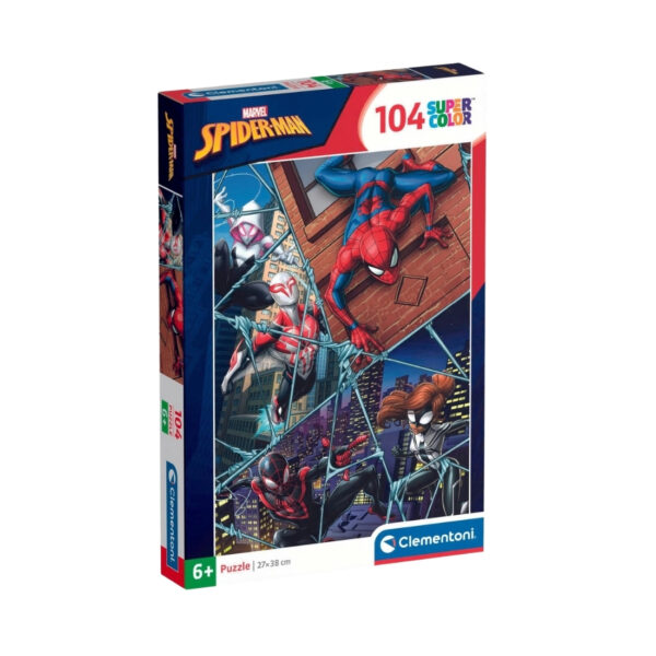 Spiderman jigsaw puzzle featuring 104 colorful pieces, ideal for fans of the superhero and puzzle enthusiasts