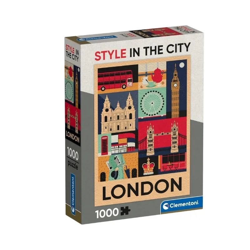 Clementoni Style in The City puzzle featuring a vibrant London cityscape with iconic landmarks and colorful details