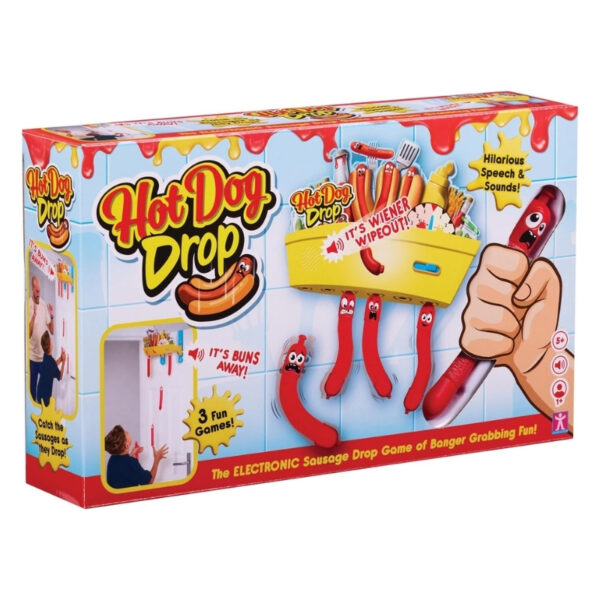 Colorful Hot Dog Drop game for children aged 5 and up, featuring sausage-catching fun and engaging gameplay