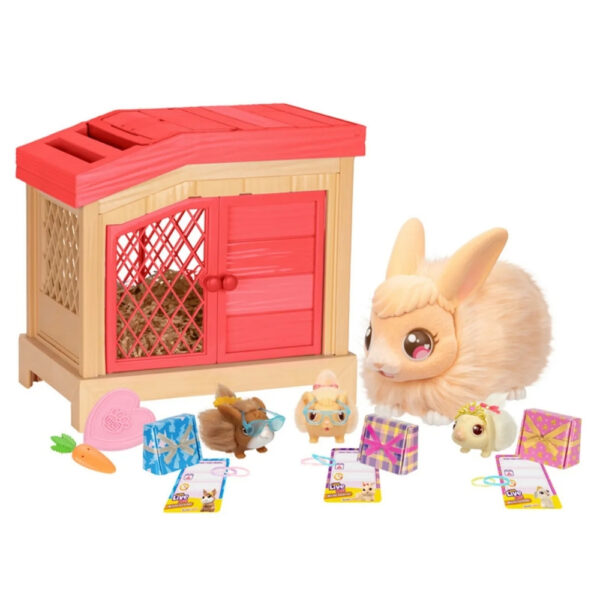 Little Live Pets Mama Surprise S5 Bunny Playset showcasing a mother bunny with her playful baby bunnies in a vibrant environment