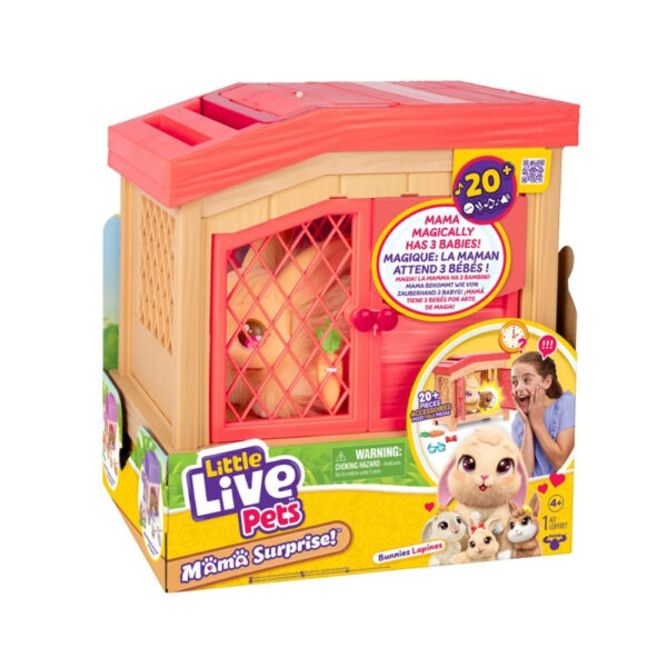 Little Live Pets Mama Surprise S5 Bunny Playset showcasing a mother bunny with her playful baby bunnies in a vibrant environment