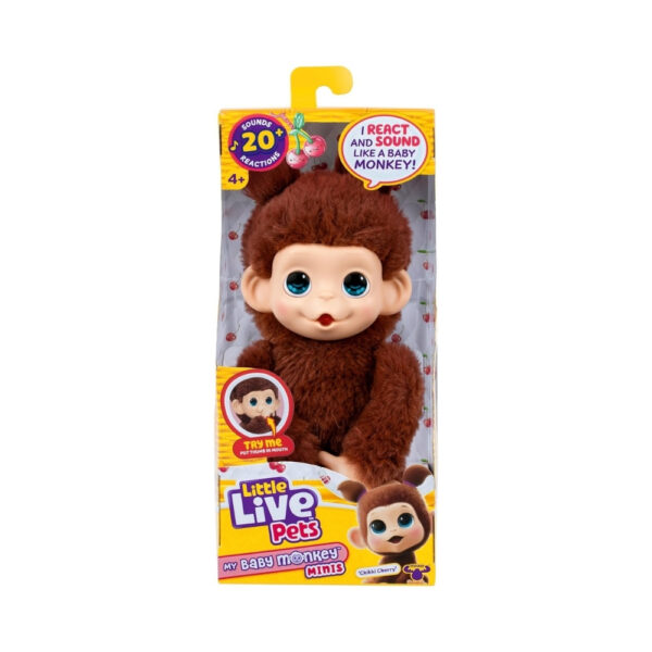 A small, interactive toy monkey named Chikki Cherry from the Little Live Pets My Baby S3 collection, featuring vibrant colors