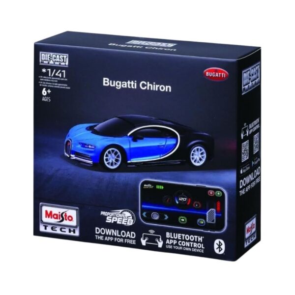 Maisto Bugatti Chiron 1:41 scale mini metal remote control car with Bluetooth connectivity, showcasing sleek design and detail