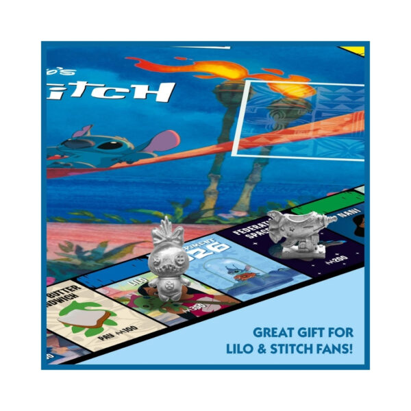 Monopoly board game featuring Lilo and Stitch characters, with colorful game pieces and themed properties
