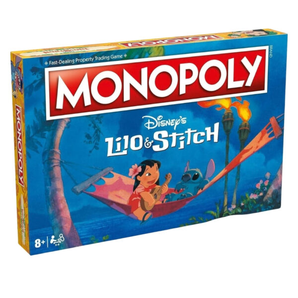 Monopoly board game featuring Lilo and Stitch characters, with colorful game pieces and themed properties