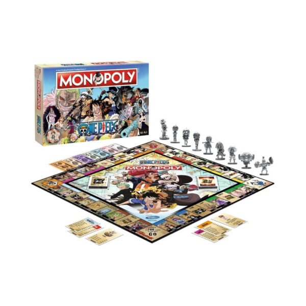 One Piece-themed Monopoly board game showcasing vibrant artwork of characters and settings from the popular anime