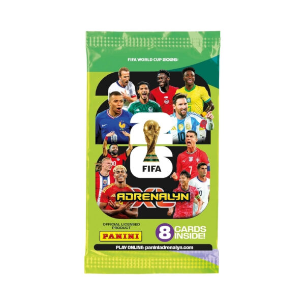 Booster box of Panini Adrenalyn XL FIFA World Cup 2026 trading cards, showcasing colorful designs and team logos
